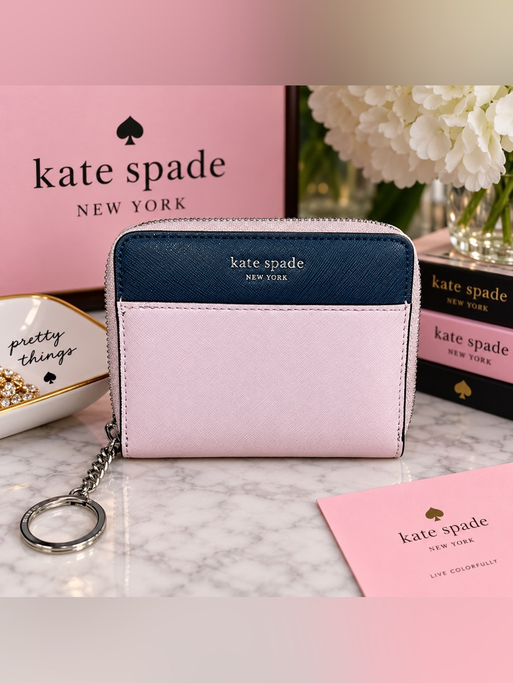 Kate Spade Cameron Small Colorblock Zip Around Bifold Wallet Lilac Navy